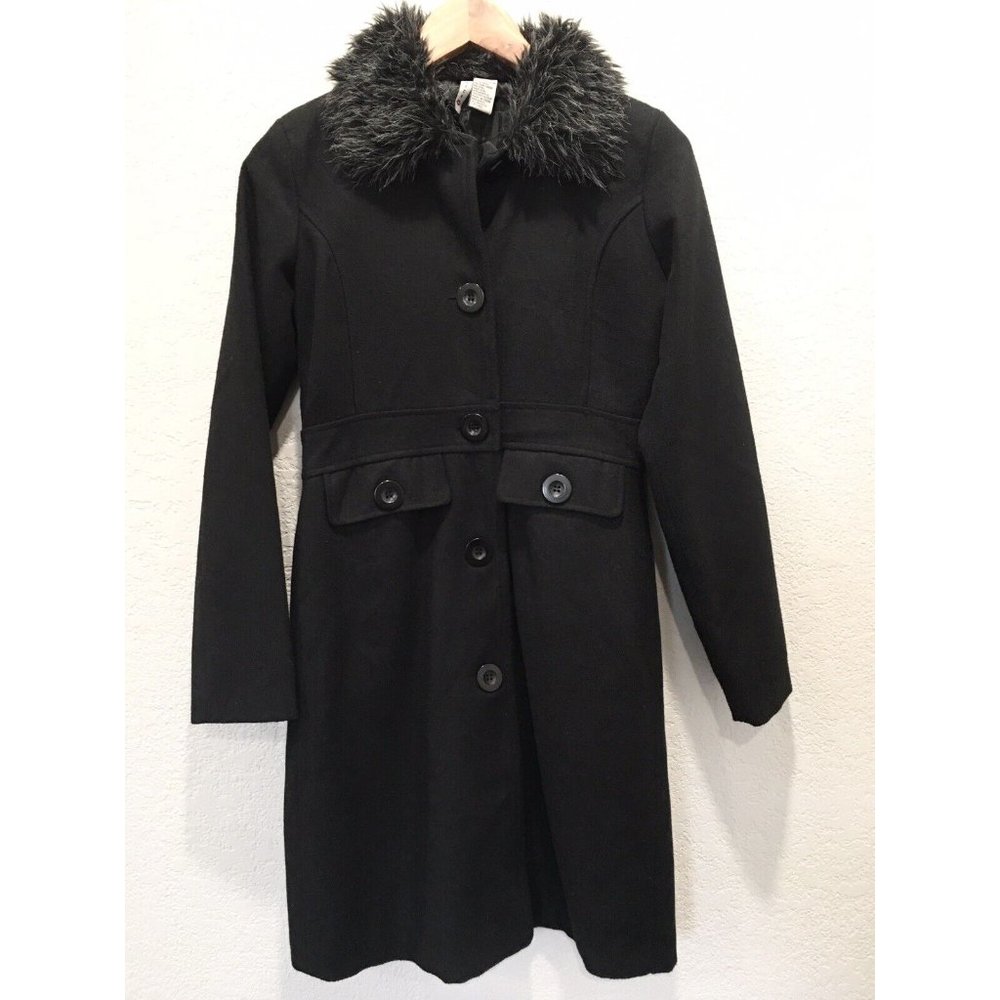 Voice  Long Wool Coat Faux Fur Collar Button Up Fully Lined - Picture 13 of 16